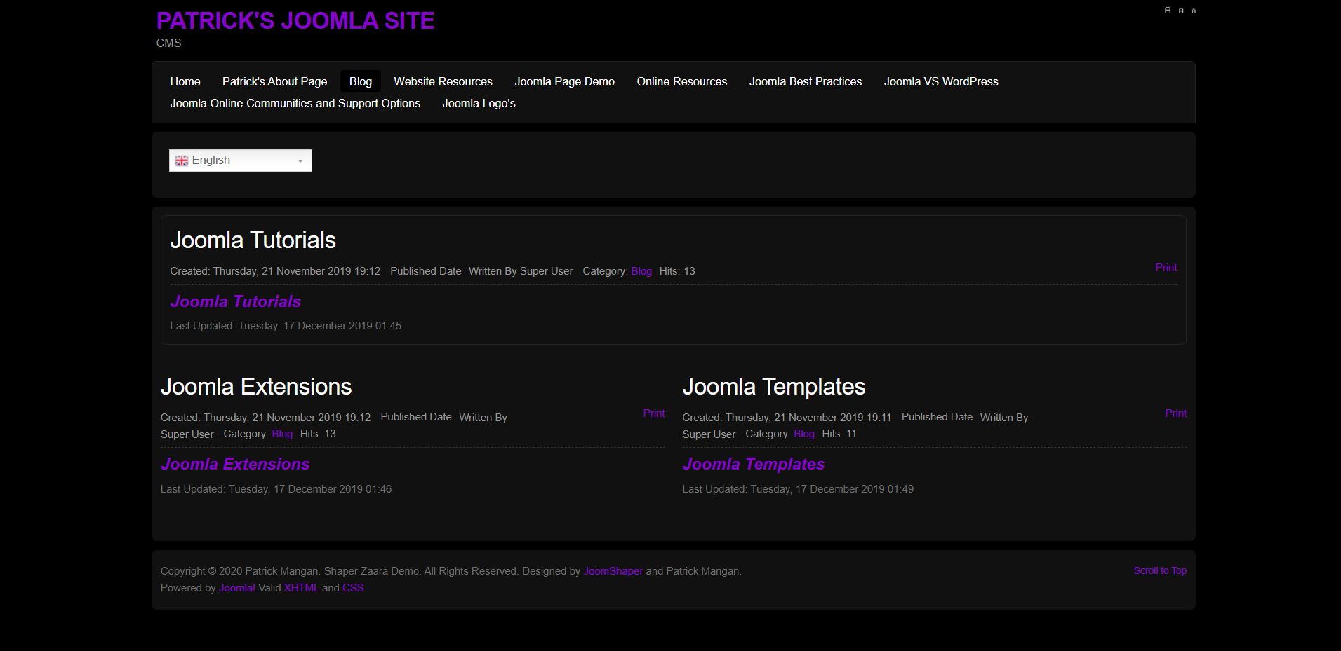 Patrick Mangan's Joomla Page
